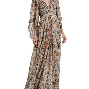 Farm Rio V-Neck Maxi Dress Pale grey with gold weave NWT